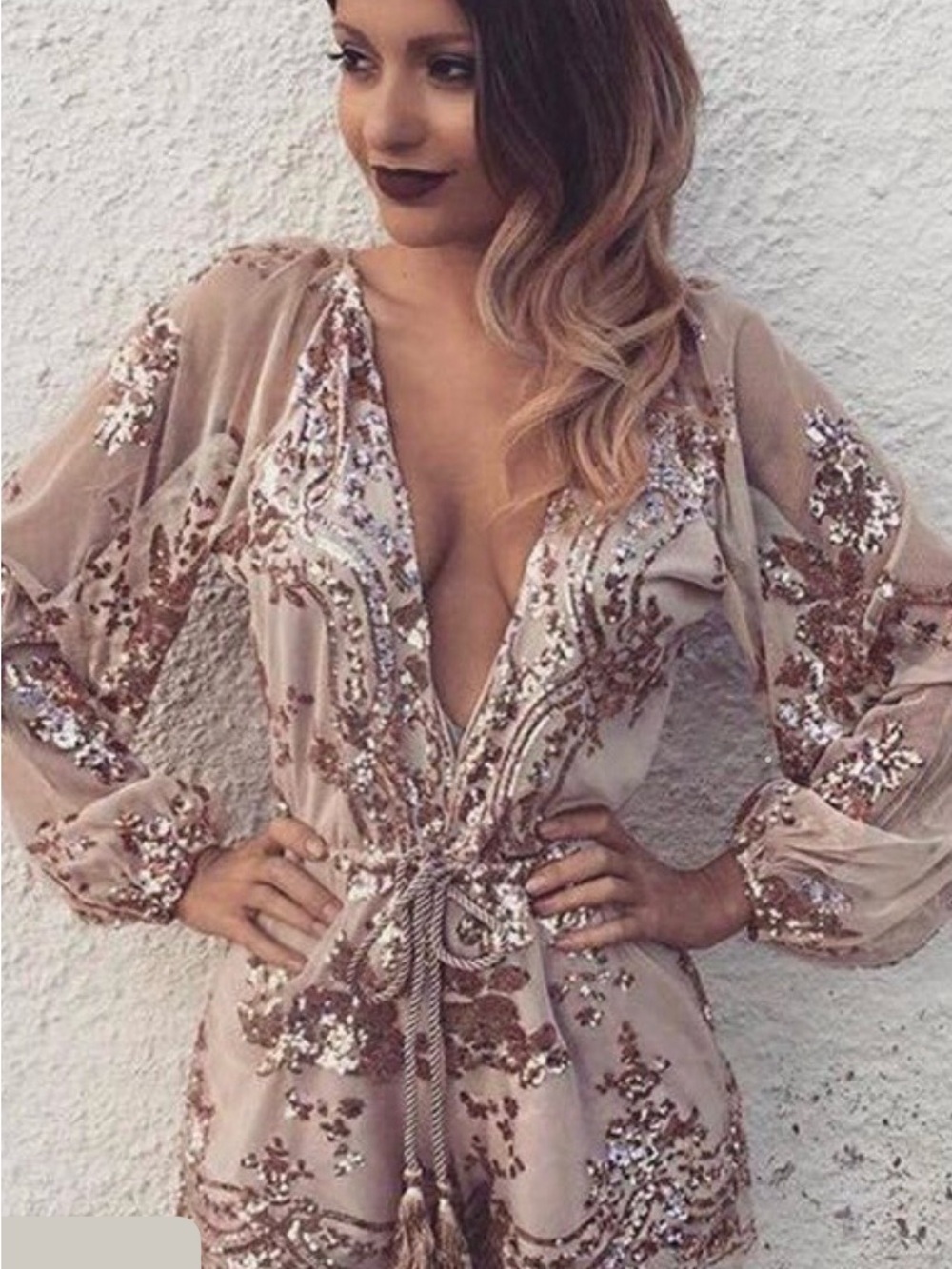 Sequin Embellished Deep V Romper - Blush